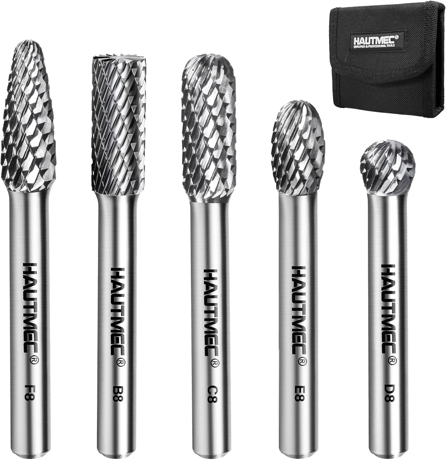 HAUTMEC Tungsten Carbide Rotary Burr Bit Set– 1/4" Shank with Portable Storage Bag, Double Cut Tungsten Rotary File for Die Grinder, Suit for Metal Carving, Grinding, Engraving & Deburring - HT0455