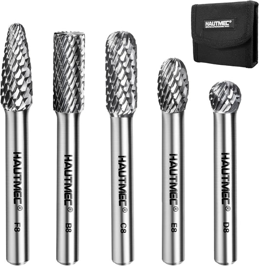 HAUTMEC Tungsten Carbide Rotary Burr Bit Set– 1/4" Shank with Portable Storage Bag, Double Cut Tungsten Rotary File for Die Grinder, Suit for Metal Carving, Grinding, Engraving & Deburring - HT0455