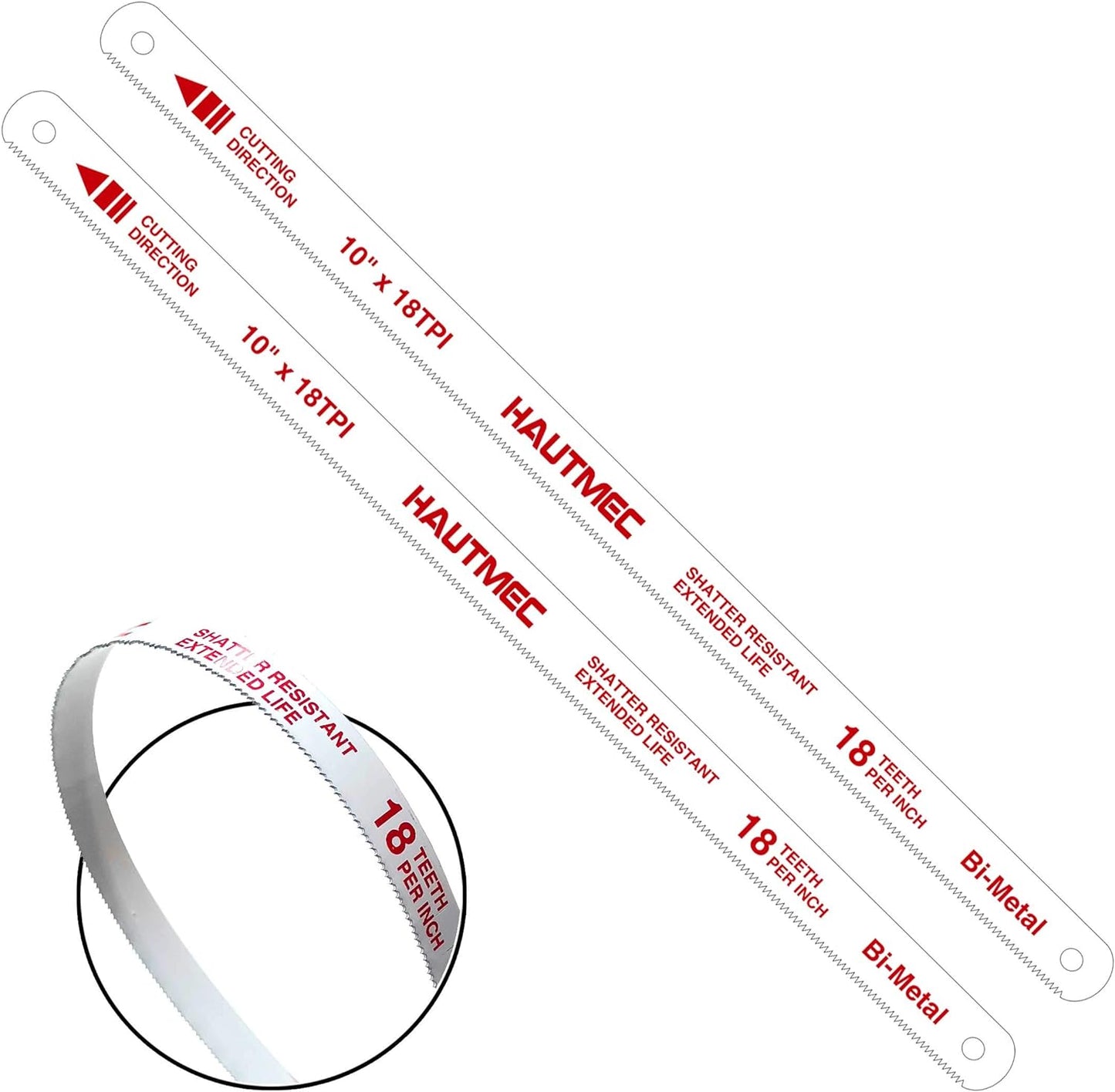 HAUTMEC 10" Hacksaw Blades Replacement Bi-Metal 18 TPI High Speed Steel Grounded Teeth, 2 Pack, HT0119-2PC