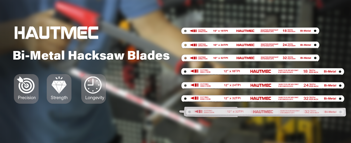 HAUTMEC 12" Hacksaw Blades Replacement Bi-Metal(10 Pack) 24 TPI High Speed Steel Grounded Teeth HT0017-CT