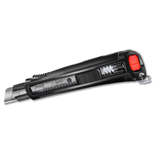 HAUTMEC 25mm Extra Heavy Duty Utility Knife with Double Lock Mechanism, Auto-Lock and Ratchet- Lock for Double Safety, SK2 Sharp Black Blade for Industrial or Construction Applications HT0254-KN