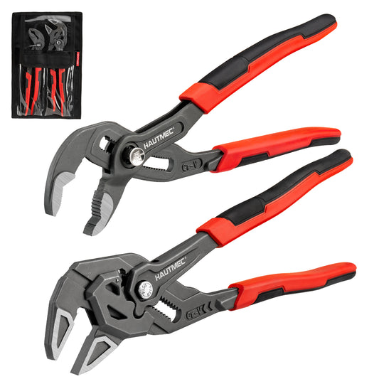 HAUTMEC  2-Piece 10 Inch Adjustable Pliers Wrench & Water Pump Pliers, Parallel Smooth Jaw & V-Jaw, CR-V Steel, Fast Adjustable Tongue and Groove Joint Pliers for Plumbing, Mechanical, Home Repair HTAWH25027