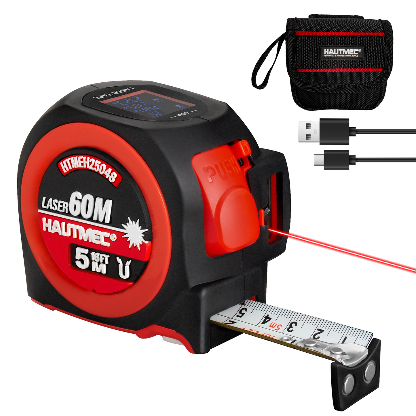 HAUTMEC 2 in 1 Digital Laser Tape Measure, 197ft/60m Digital Measuring Tape & 16ft/5m Auto Lock Tape Measure, Support to Pythagorean, Area, Volume Rechargeable, for Construction 25048