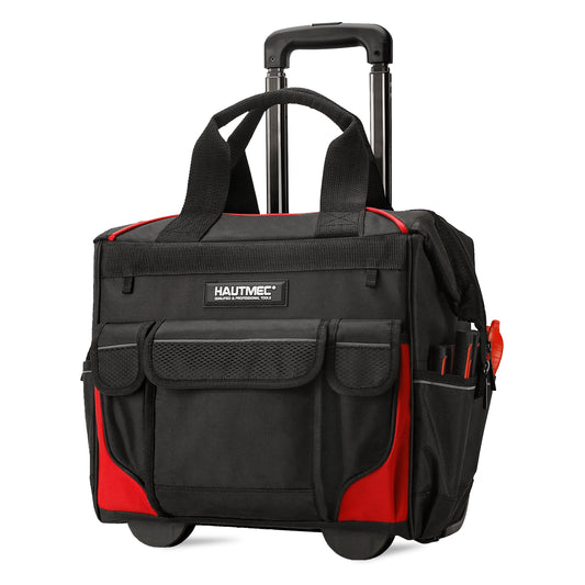 HAUTMEC 14.5" Rolling Tool Bag with Wheels, 25-Pocket Portable Tool Box Organizer with 600D Water-Resistant Fabric, Wide-Mouth Design, Oversized Wheels & Telescoping Handle - HT0179