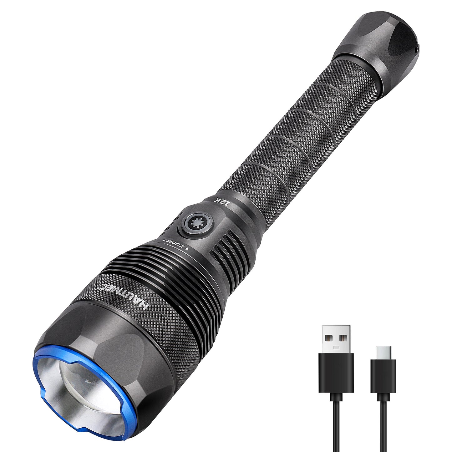 HAUTMEC Rechargeable Flashlights 12000 High Lumens Flashlight, 5 Light Modes Bright Flashlight, 2X Zoom, IP67 Waterproof & Impact-Resistant, and Power Bank, for Emergencies, Hunting, Camping, Hiking, HT0386