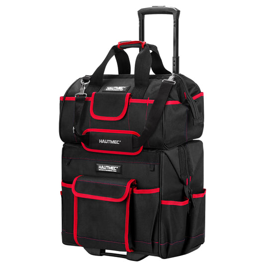 HAUTMEC 2-Piece Rolling Tool Bag Set, 15” Heavy-Duty Tool Bag with Wheels & 15" Wide Mouth Utility Bag, 1680D Water-Resistant Durable Tool Storage – HT0288