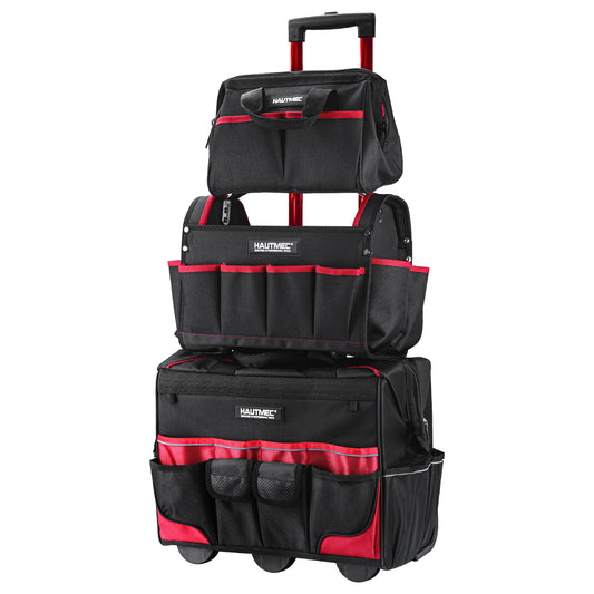 HAUTMEC 3 Piece Heavy-Duty Rolling Tool Bag Set, 18” Wheeled Tool Bag, 15” Electrician Tool Tote & 12” Wide Mouth Bag, 1680D Oxford Fabric Portable Tool Storage – HTTBM25006