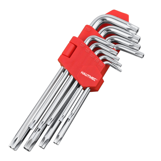 HAUTMEC Star Key Wrench Set, 9-Piece Torx Star Wrenches- Chrome Vanadium Steel and Drilled tips for Tamper Resistant Fasteners, HT0222-SS