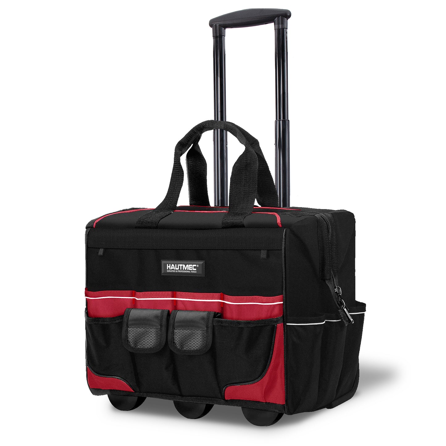HAUTMEC 18" Rolling Tool Bag with Wheels, 23-Pocket Portable Tool Box Organizer with 600D Water-Resistant Fabric, Wide-Mouth Design, Oversized Wheels & Telescoping Handle - HT0059