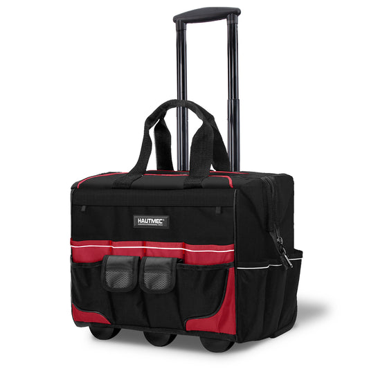 HAUTMEC 18" Rolling Tool Bag with Wheels, 23-Pocket Portable Tool Box Organizer with 600D Water-Resistant Fabric, Wide-Mouth Design, Oversized Wheels & Telescoping Handle - HT0059