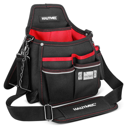 HAUTMEC Pro Kickstand Electrician Tool Pouch With 14 Pockets,  Belt Loops, T-chain Holder, Shoulder Strap and Measure Clip, Built in Water Resistant Tough Fabric, HT0399