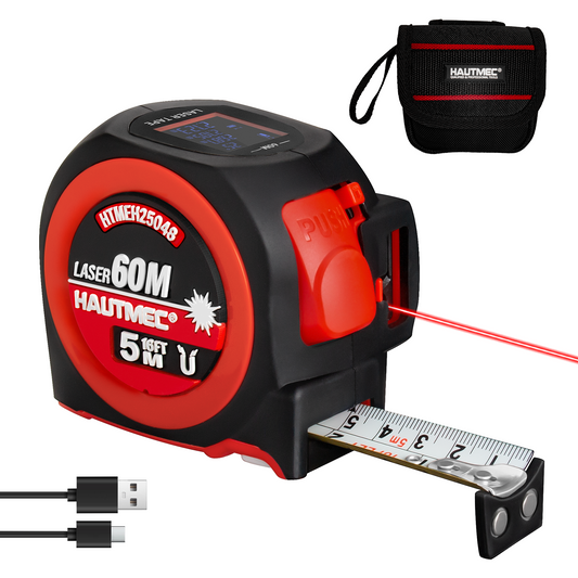 HAUTMEC 2-in-1 Laser Tape Measure, 60m/197ft Laser Distance Meter + 16FT Tape, Dual-Sided 25mm Wide Blade, Type-C Rechargeable,7 Modes, Angle Level, Auto Lock, Storage Bag Included 25048