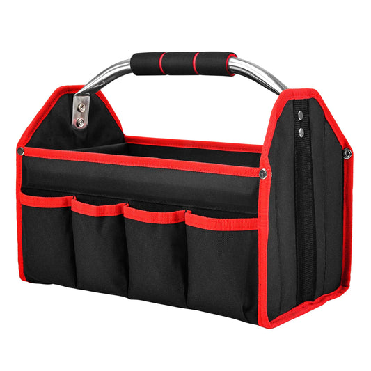 HAUTMEC 13-Inch Foldable Open Top Tote Bag, 8-Pocket Wide Mouth Tool Bag, Tubular Steel Heavy Duty Electrician Tool Bin for Tool Organization and Storage TB0001