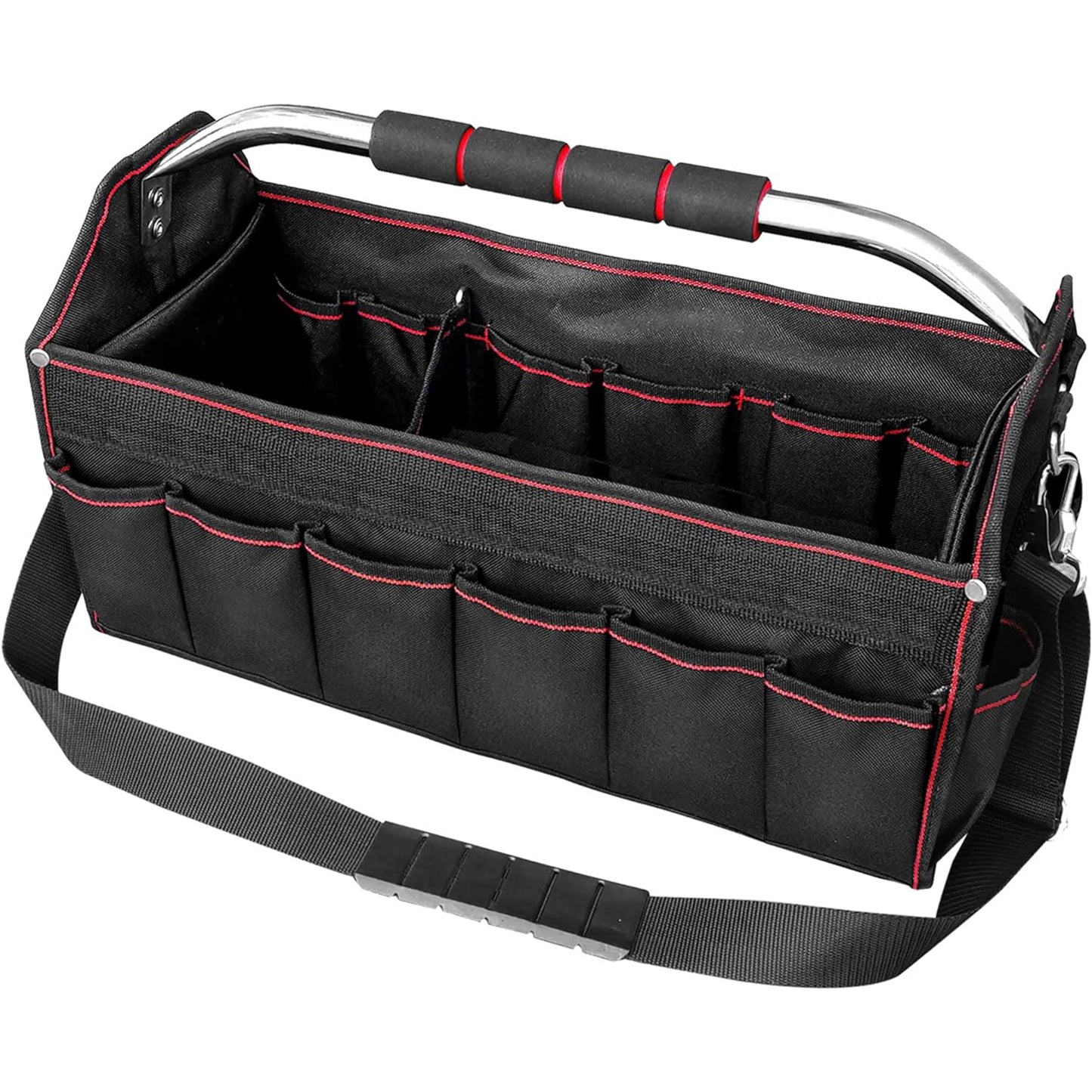 HAUTMEC Pro Foldable Open Top Tote Bag, 18-Inch 27 Pocket Tool Bag, Removable Shoulder Strap, Wide Mouth Heavy Duty Electrician Tool Bin for Tool Organization and Storage HT0020-TB