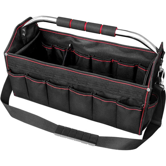 HAUTMEC Pro Foldable Open Top Tote Bag, 18-Inch 27 Pocket Tool Bag, Removable Shoulder Strap, Wide Mouth Heavy Duty Electrician Tool Bin for Tool Organization and Storage HT0020-TB
