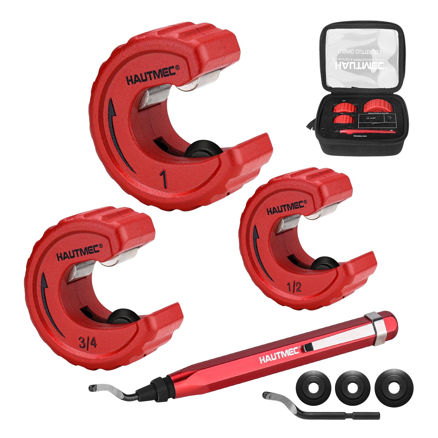 HAUTMEC Copper Tubing Cutter Set 3 PCS Copper Pipe Cutter Tool, In Portable Storage Case, Includes 1/2 in., 3/4 in., and 1 in. Cutters, Reaming Pen, 3 Spare Cutting Wheels, 1 Spare Deburring Blade,HT0354