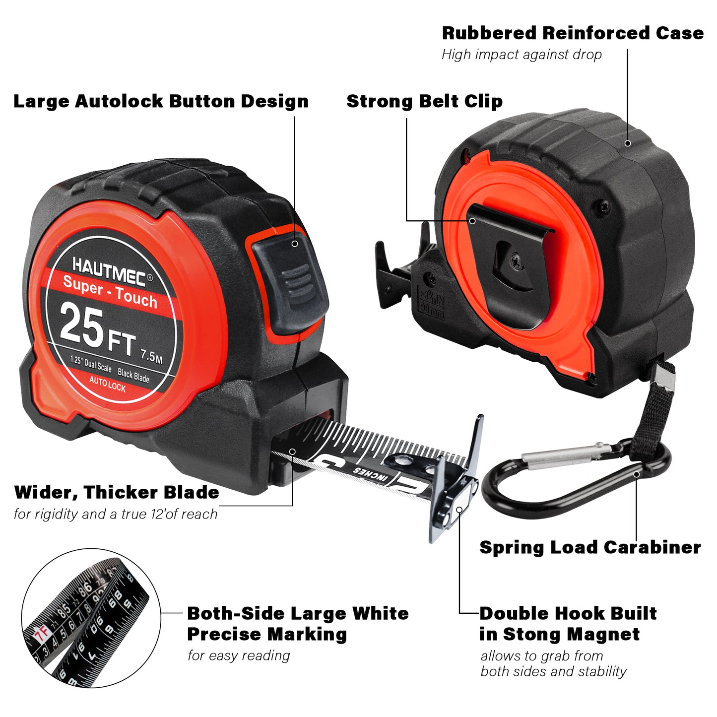 HAUTMEC Pro 25-Foot Tape Measure, 1.25-Inch Wide Carbon Steel Blade, Button Lock, Magnetic Hook, Dual-Sided Imperial/Metric Scale – Heavy-Duty for Contractors and Engineers, HT0283-TM