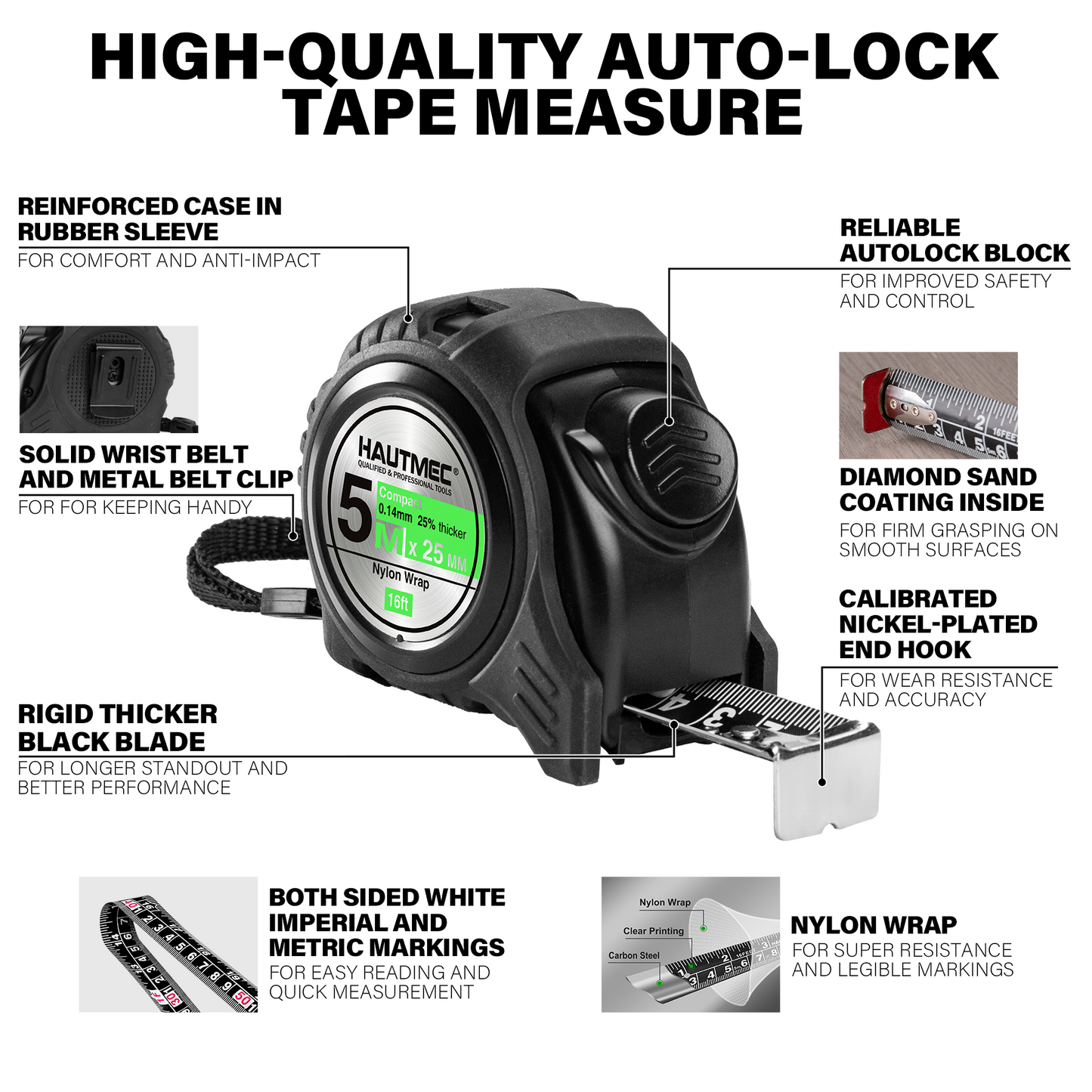 HAUTMEC Tape Measure 16ft/5m Dual Scale Metric Measuring Tape, Auto-Lock with Nylon Coated Blade & Rubber Case, for Construction, Woodworking, DIY HT0100