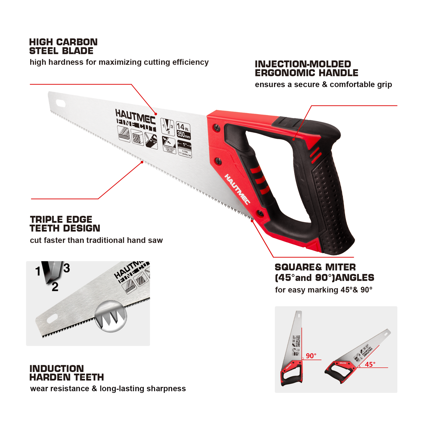 HAUTMEC 14 in. Universal Hand Saw - 11 TPI Fine Cuts Wood Saw - Professional Universal Saws for Wood, Laminate And Plastic - Crosscut Saw, HT0024