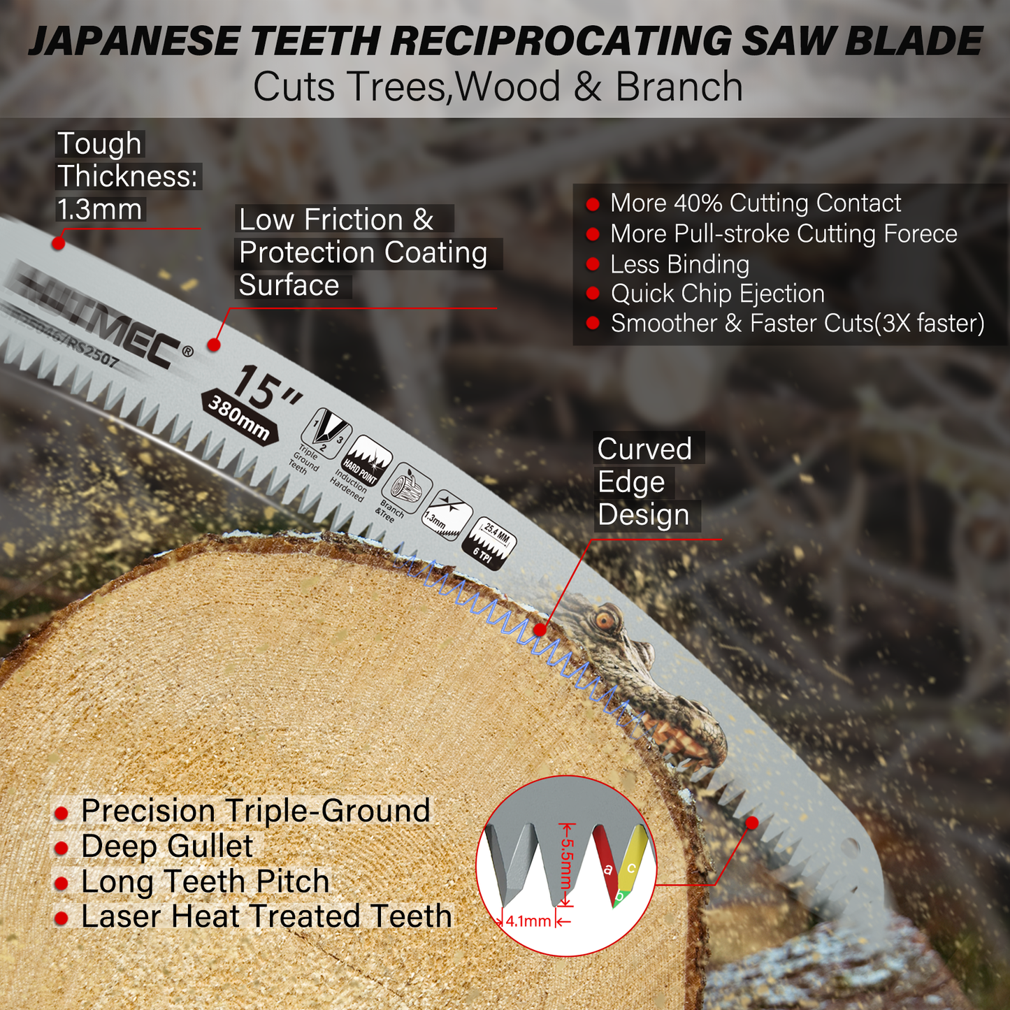 HAUTMEC 4 Pieces Japanese Teeth Reciprocating Saw Blades, Curved Blade with 6TPI Harden Teeth Medium Cut for for Tree Trimming, Wood/PVC Pipe Cutting, Cr-V Sabre Sawzall Blades, HTRSH25047