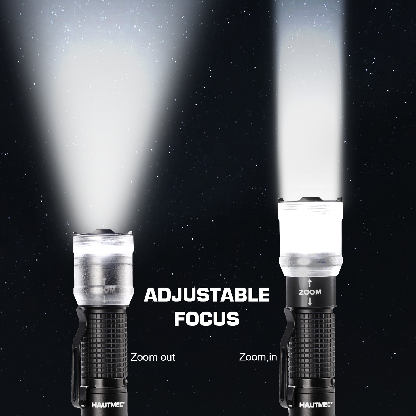 HAUTMEC 700 Lumens LED Flashlight with Zoomable Beam, Rechargeable, Waterproof, Bright Tactical LED Pocket Torch with adjustable 4 Modes for Camping, Outdoor, Hiking, Emergency, HT0377