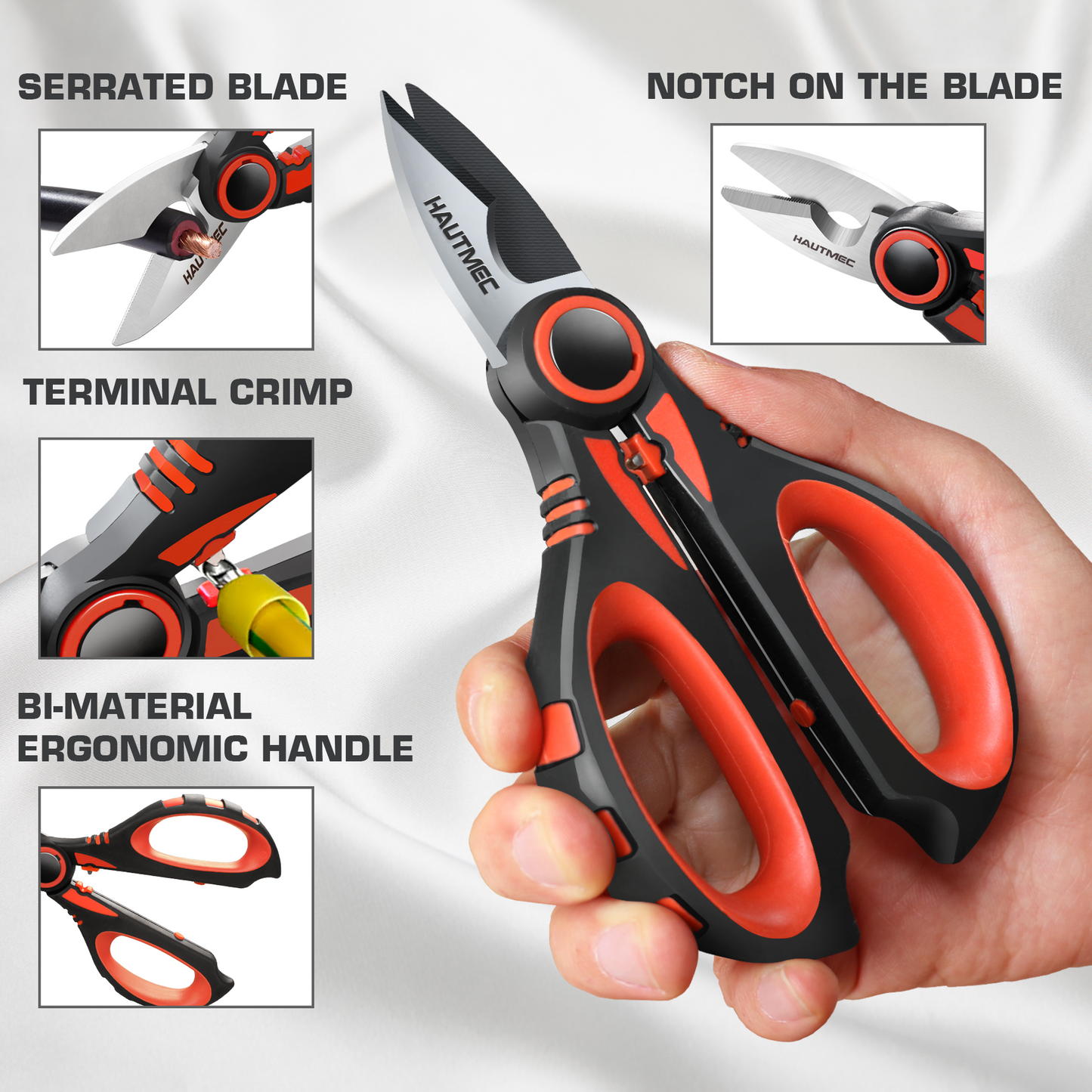 HAUTMEC Electrician Scissor, 6-1/4" Professional Electrician Shears with Stainless Serrated Blade, Cable Shears With Crimp, Notch Blade With Sheath, Comfortable Reinforced Fiberglass Handle,HT0416