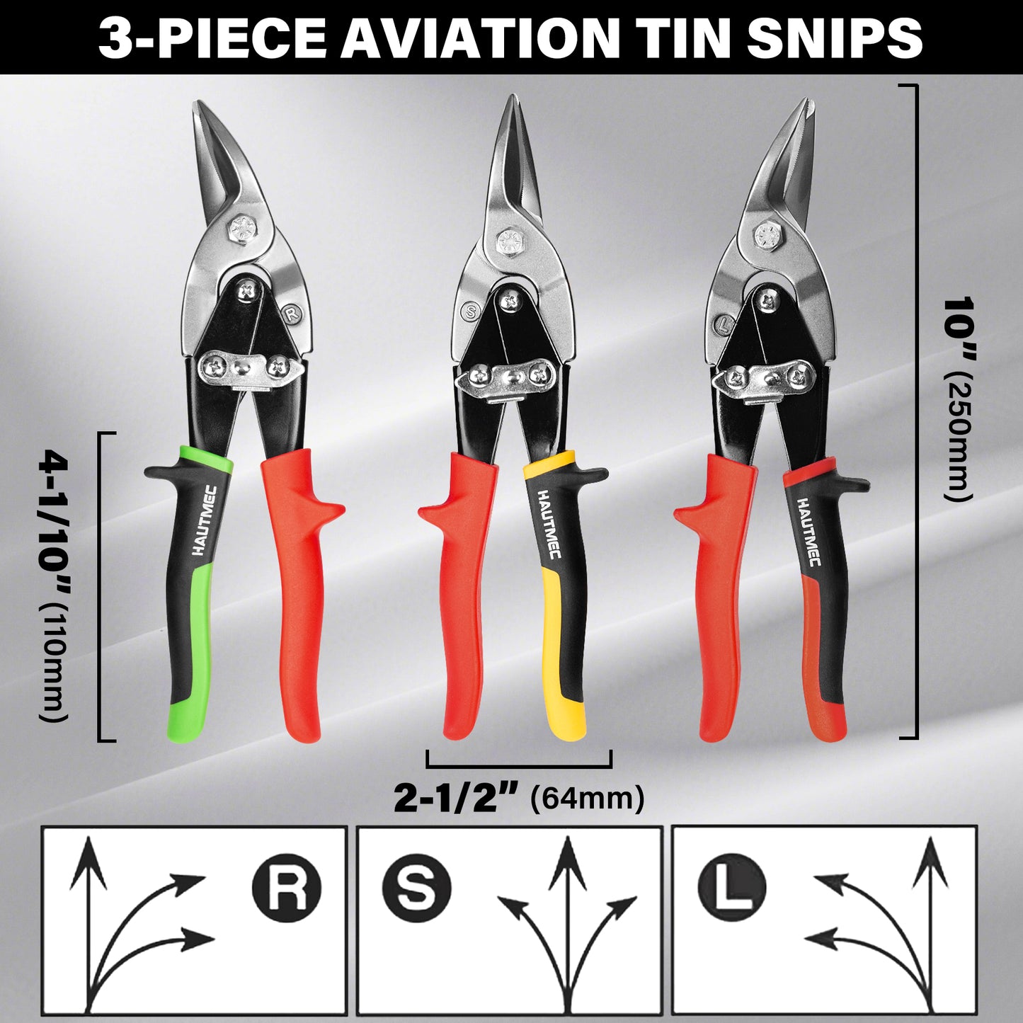 HAUTMEC 3-Piece Aviation Tin Snips for Cutting Metal Sheet, CR-V Steel Miter Shears for Straight, Left & Right Cuts, 10 Inch Heavy-Duty Sheet Metal Cutters with Safety Lock & Ergonomic Grip –HTSSM25063