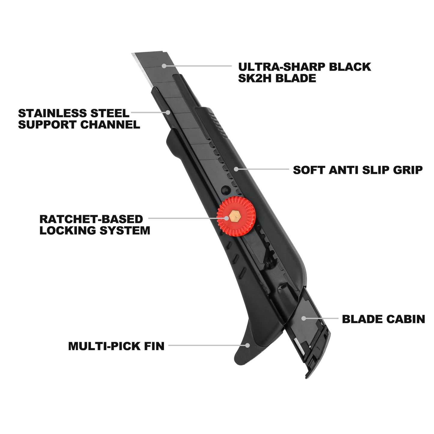 HAUTMEC 18mm Heavy Duty Utility Knife with Multi-Pick, Snap Off Ultra-Sharp Black Retractable Box Cutter, Ratchet & Soft-grip Cutter HT0248-KN