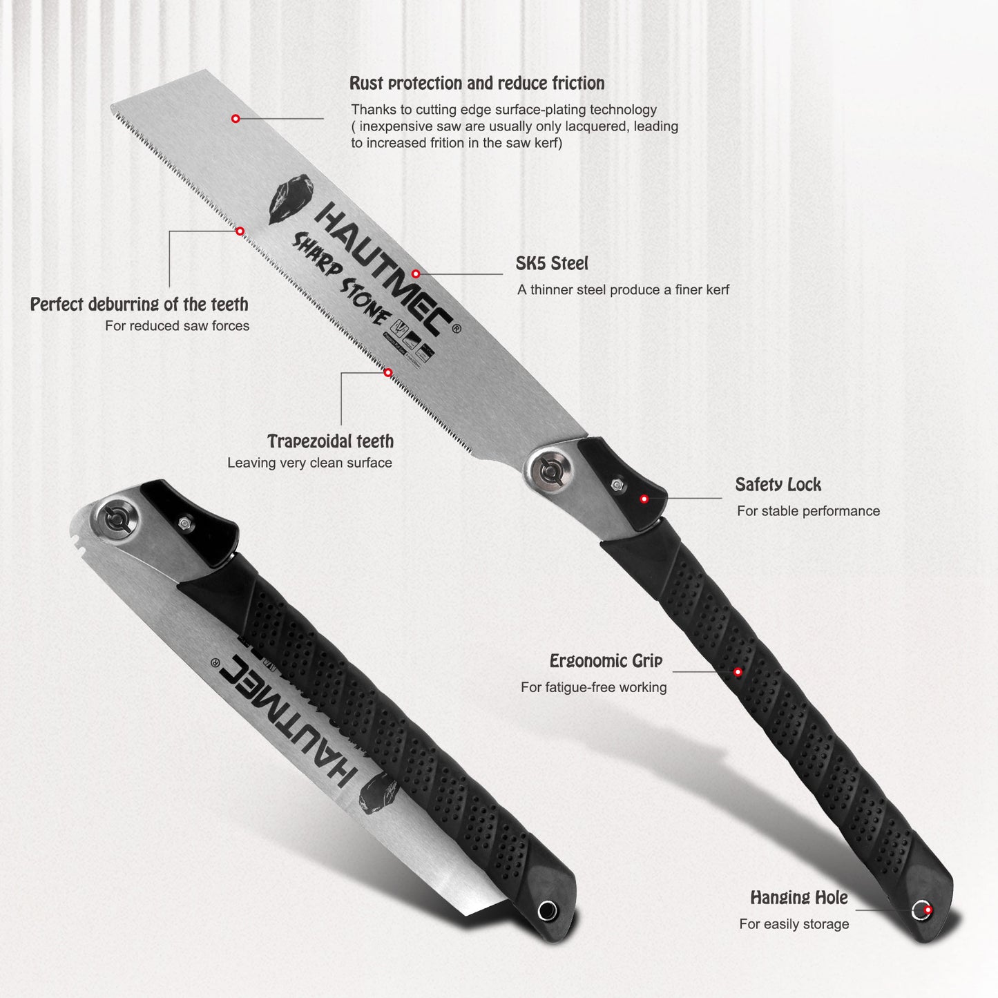 HAUTMEC Japanese Pull Saw, 9“ Foldable Hand Saw with SK5 Steel Blade, Trapezoidal Teeth for Woodworking, Sharp Stone Series, HT0312