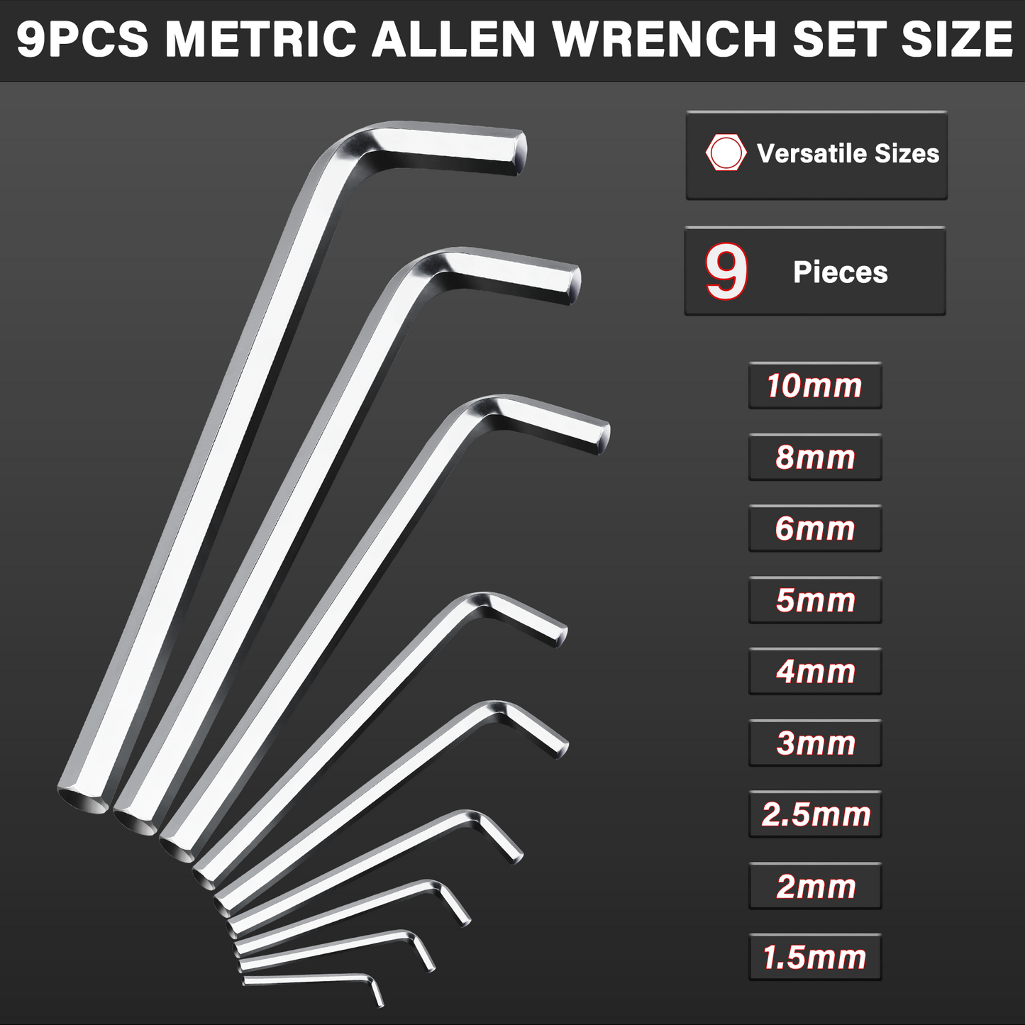 HAUTMEC 9-Piece Hex Key Allen Wrench Set, L Shape Metric Assortment, Chrome Vanadium Steel, Precise and Chamfered Tips, 1.5-10 mm, HT0221-SS