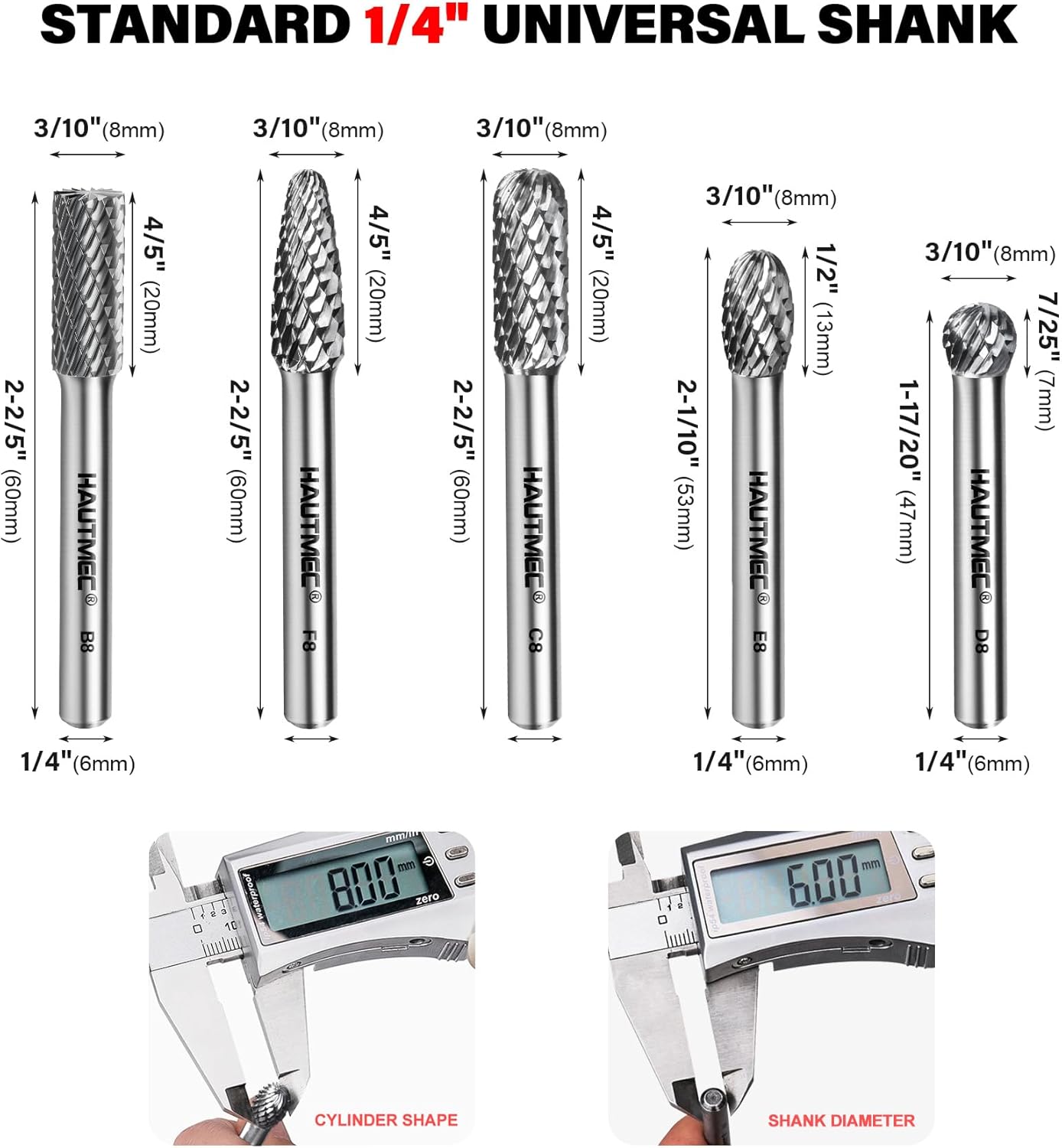 HAUTMEC Tungsten Carbide Rotary Burr Bit Set– 1/4" Shank with Portable Storage Bag, Double Cut Tungsten Rotary File for Die Grinder, Suit for Metal Carving, Grinding, Engraving & Deburring - HT0455