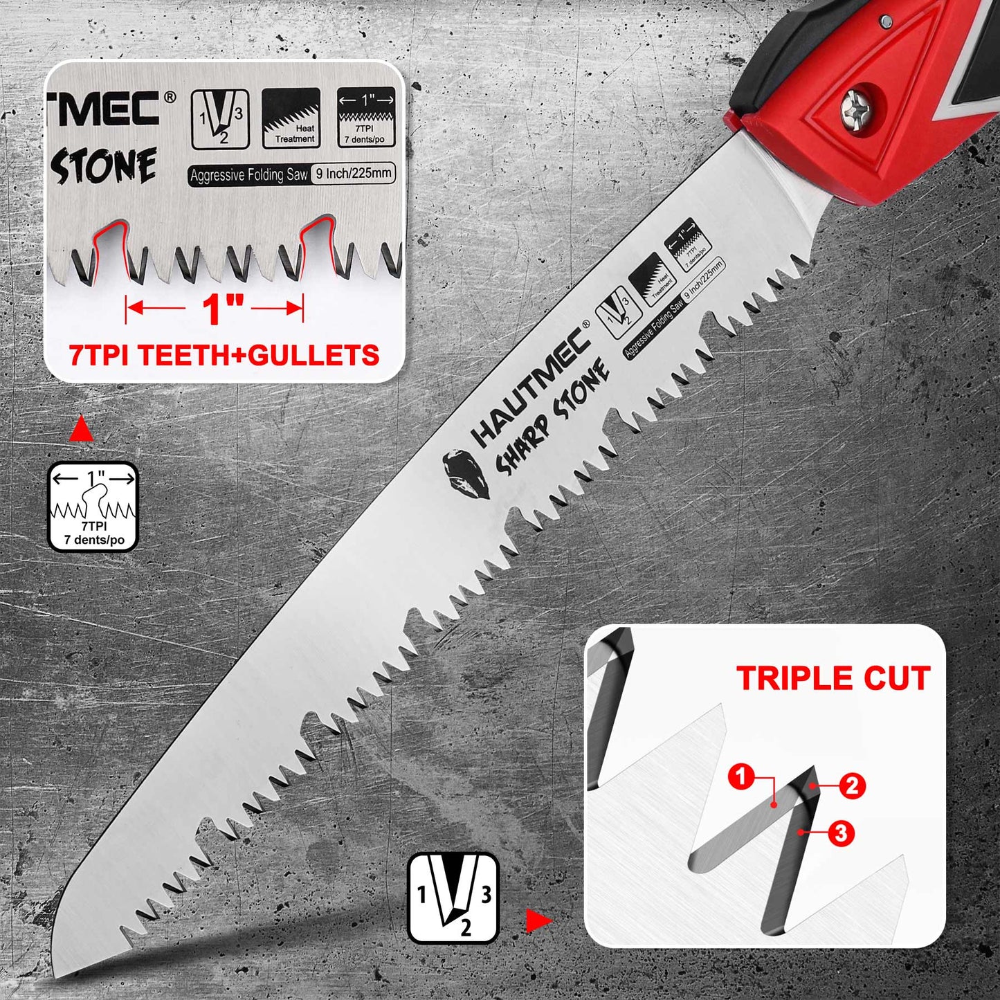 HAUTMEC 9 Inch Pro Folding Pruning Handsaw of Sharp Stone Serie, SK5 Blade, Precision Hardened Triple-cut Teeth, Deep Gullets for Swift Chip HT0304