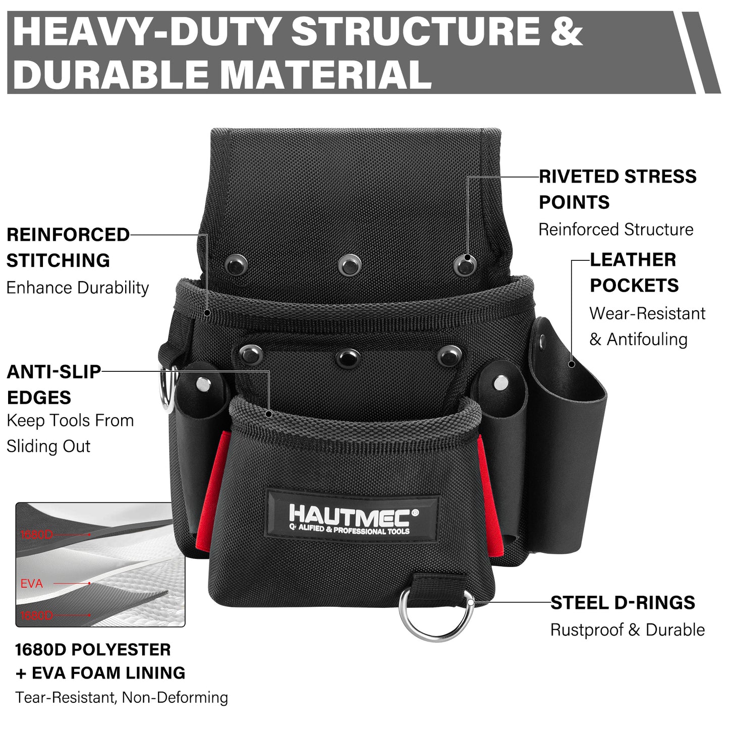 HAUTMEC Heavy-Duty Tool Belt Pouch, 1680D Polyester with Leather Pockets, EVA Reinforced Lining, Multi-Pocket Utility Pouch with Riveted Stress Points, Fits 2-3/4" Belts – HT0411
