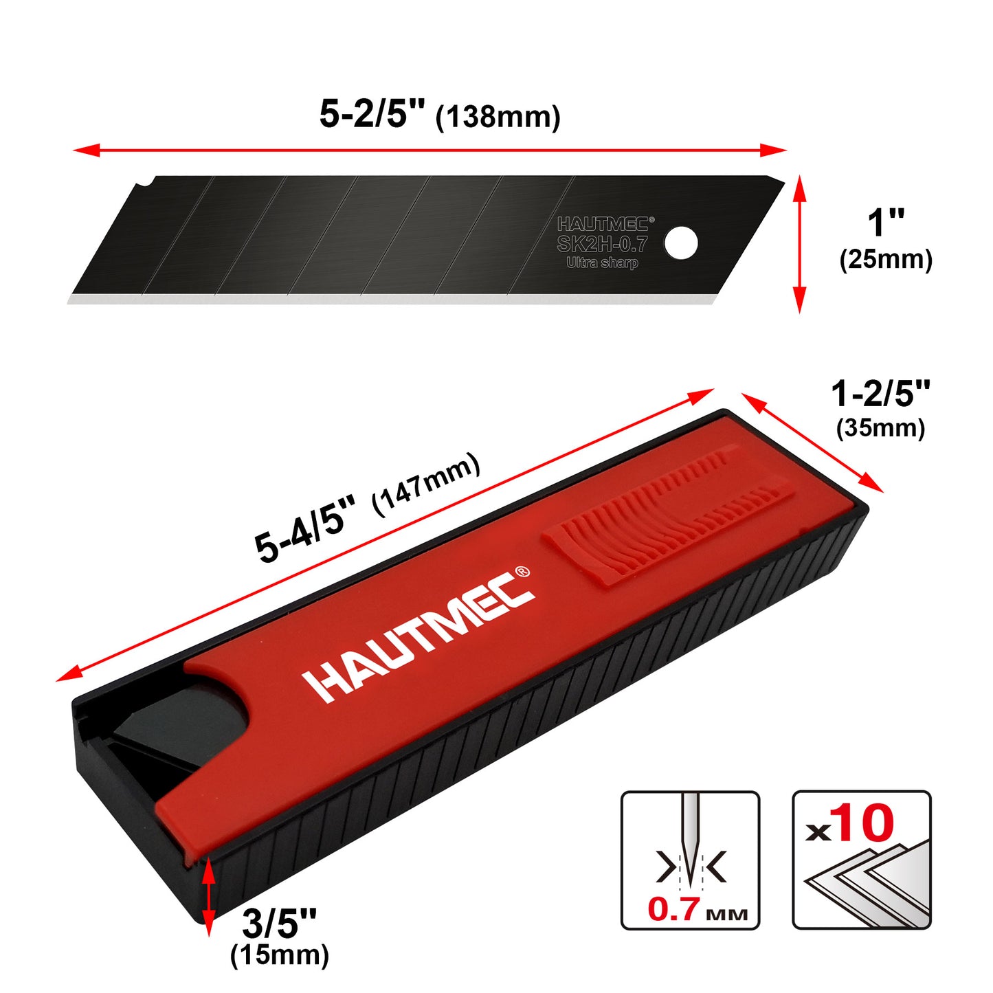 HAUTMEC 20PCS 25mm SK2H Ultra Sharp Snap Off Blades, Professional Retractable Utility Knife Replacement Blades 2 PACK, Creative Safety Box, for Industrial or Construction Applications HT0082-20PC