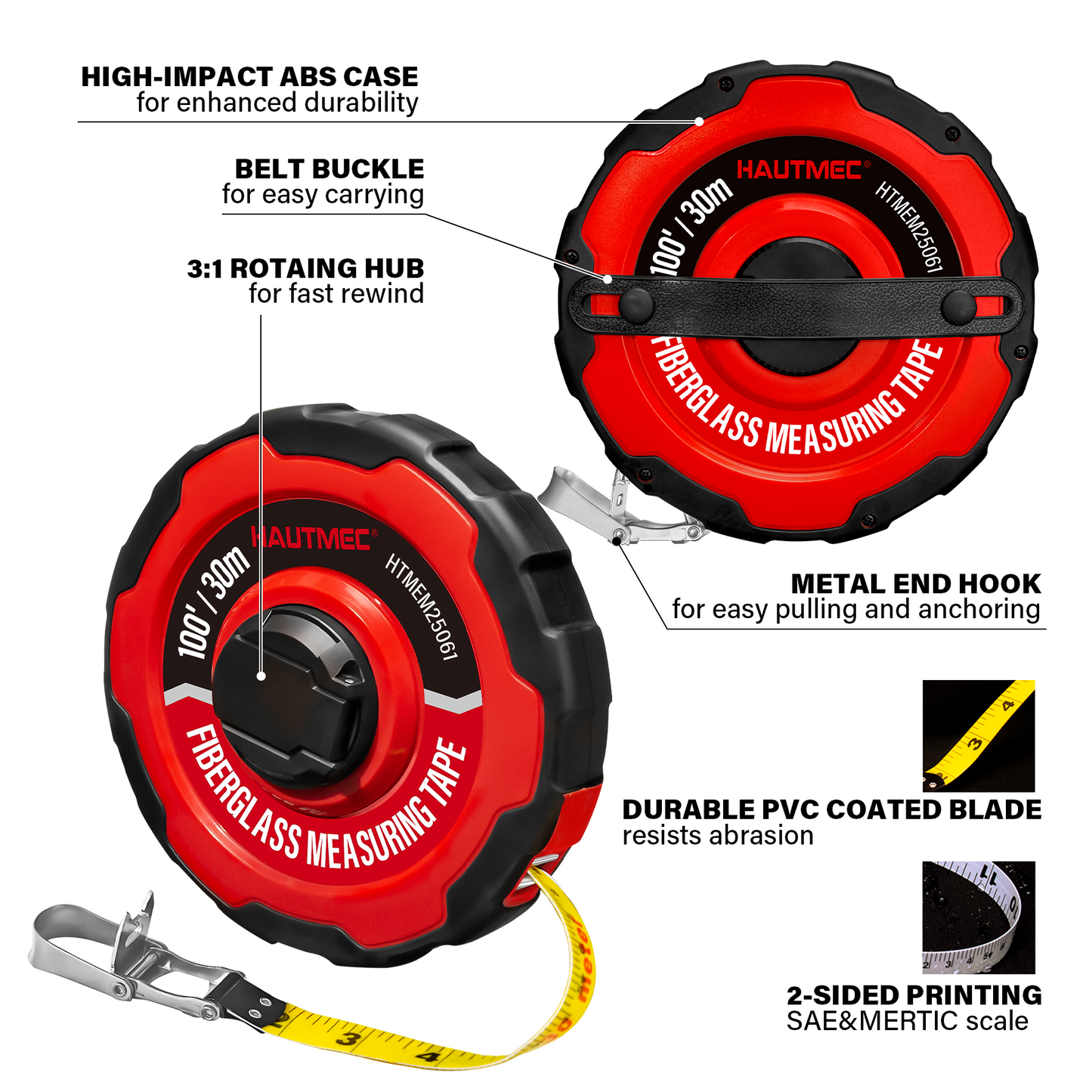 HAUTMEC Measuring Tape Long 100ft/30m Tape Measure Flexible Pvc Fiberglass Dual Inch/Metric, 3:1 Gear Ratio Speed Closed Reel Measure Tape,For Land Yard Distance Measurement, And Construction HTMEM25061