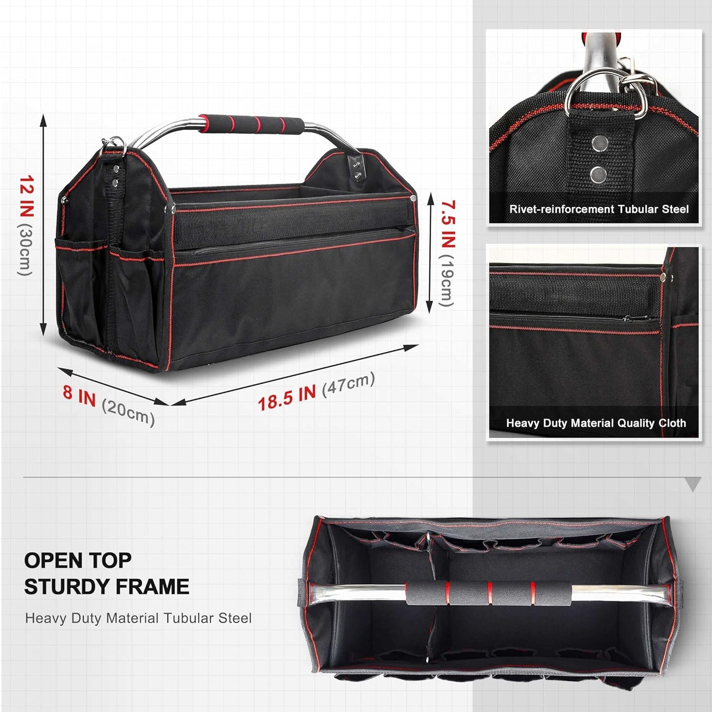 HAUTMEC Pro Foldable Open Top Tote Bag, 18-Inch 27 Pocket Tool Bag, Removable Shoulder Strap, Wide Mouth Heavy Duty Electrician Tool Bin for Tool Organization and Storage HT0020-TB