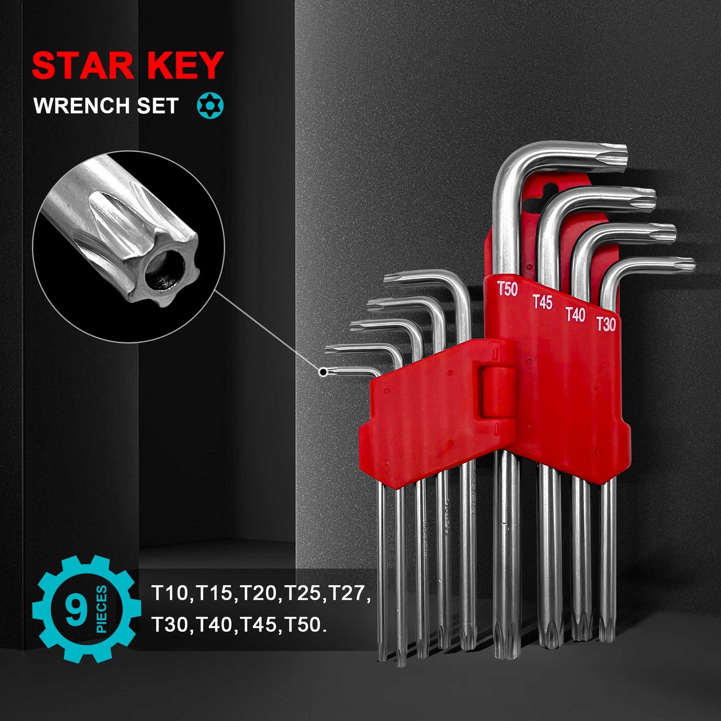 HAUTMEC Star Key Wrench Set, 9-Piece Torx Star Wrenches- Chrome Vanadium Steel and Drilled tips for Tamper Resistant Fasteners, HT0222-SS