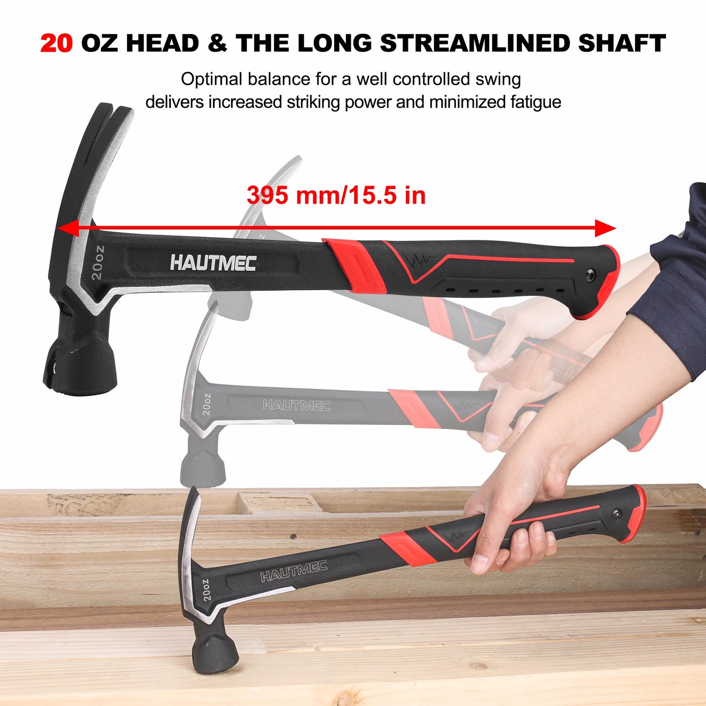 HAUTMEC 20 oz. One Piece Forged Framing Hammer With Straight Rip Claw, Milled Face, Shock-Absorbing Grip, with Magnetic Nail Holder, HT0371-HM