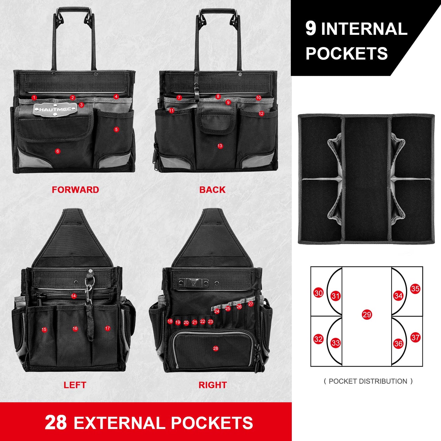 HAUTMEC Pro Electrical & Maintenance Tool Bag Tool Tote With Extra Parts Tray, 11-Inch 1680D Heavy-duty Electricians Tool Carrier, Removable Shoulder Strap and 37 Tool Storage Pockets HT0174-TB
