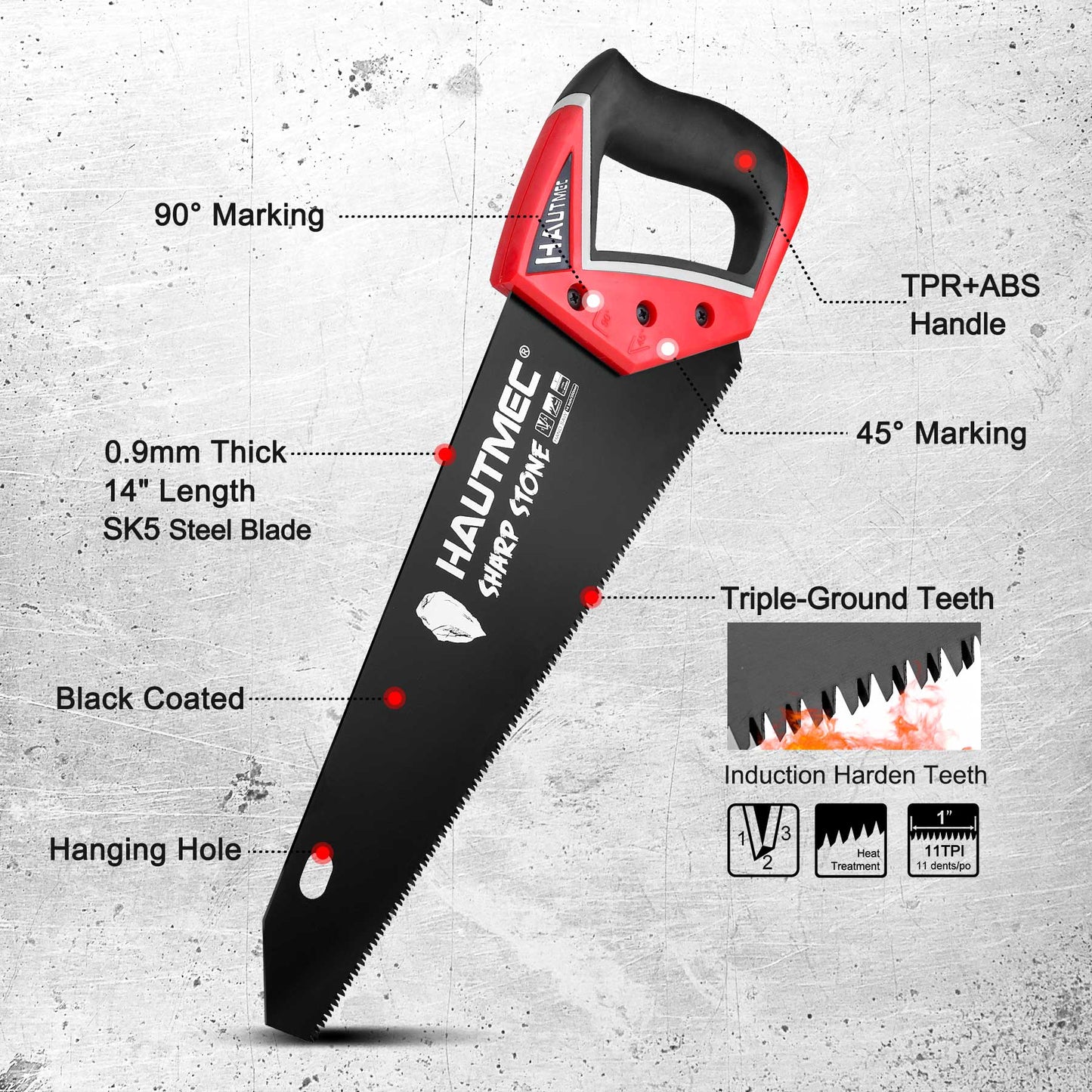 HAUTMEC 14" Pro Hand Saw, SK5 Steel Blade with Black Coated, 11 TPI Fine Cuts, Ergonomic Handle with Two Angles Marking Guide for Wood, Laminate,Branches, PVC, Sharp Stone Series, HT0301-WS