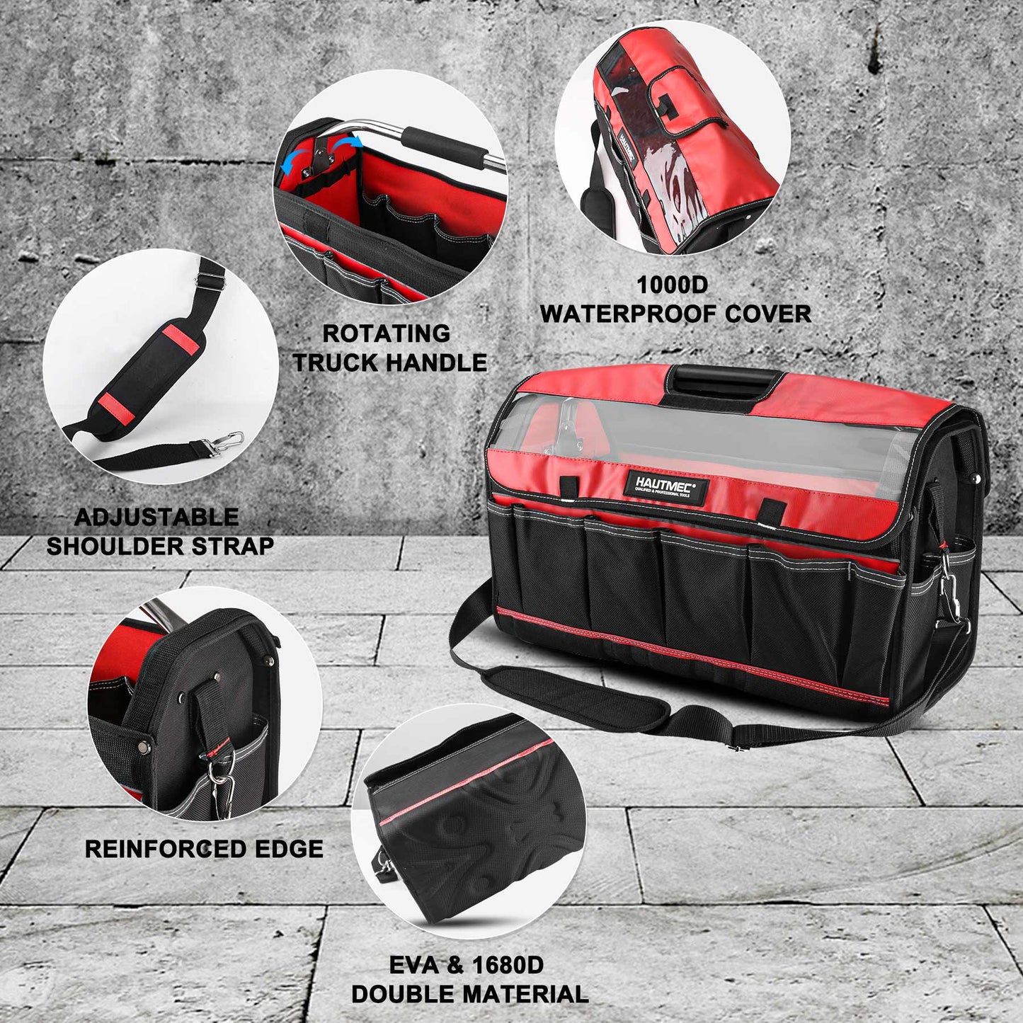 HAUTMEC 20-Inch Pro Tool Tote,Heavy Duty Wide Mouth Open Top Tool Bag with 1000D Waterproof Cover and Ajustable Shoulder Strap for Tool Organizer HT0296
