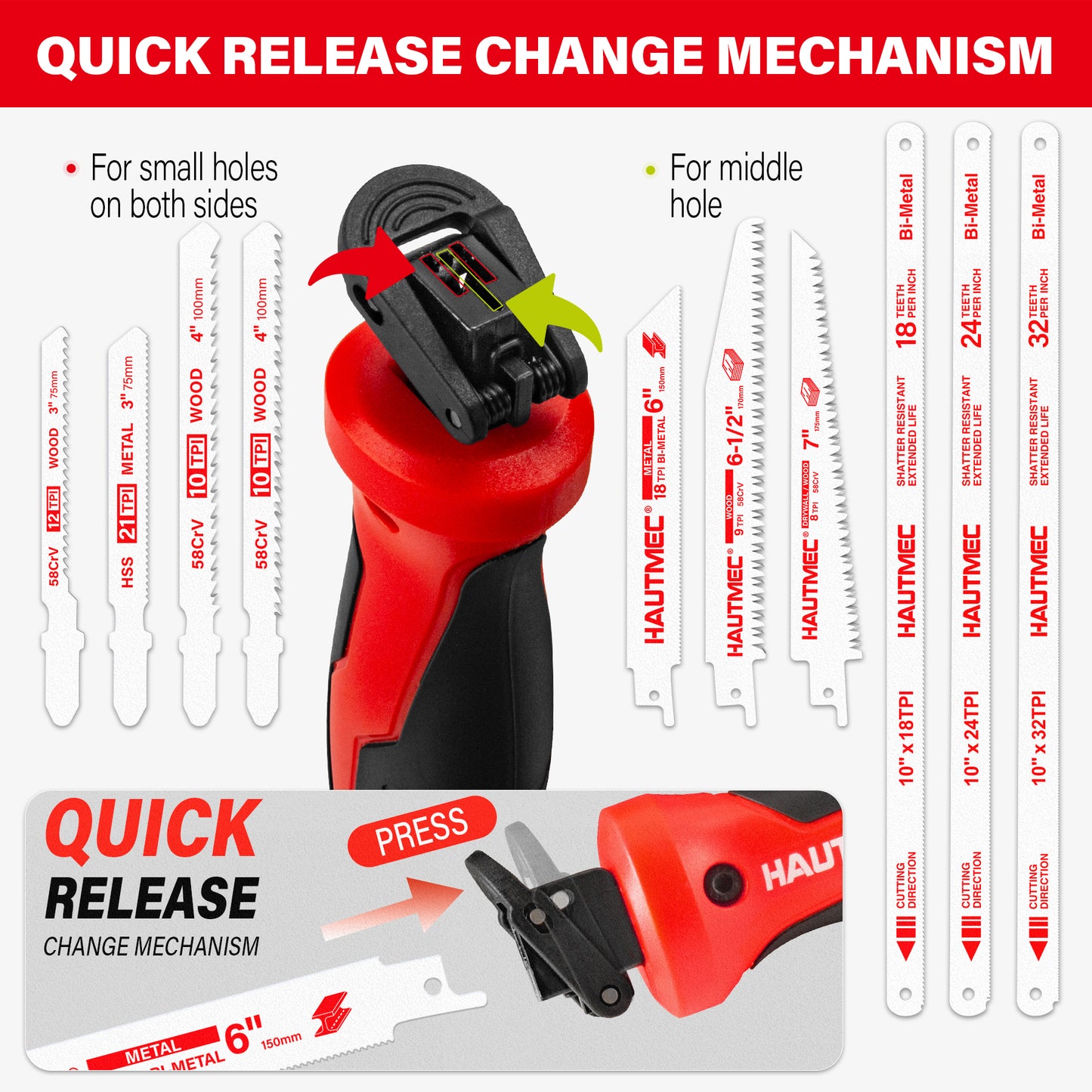 HAUTMEC 10-In-1 Multi Blades Hand Saw with Quick-Release Change Mechanism and Pro HSS/Cr-V/Bi-Metal Blades, Compact Hacksaw, Jab Saw, Versatile Handsaw for Wood, Metal, Plastic, Drywall – HTHSH25032