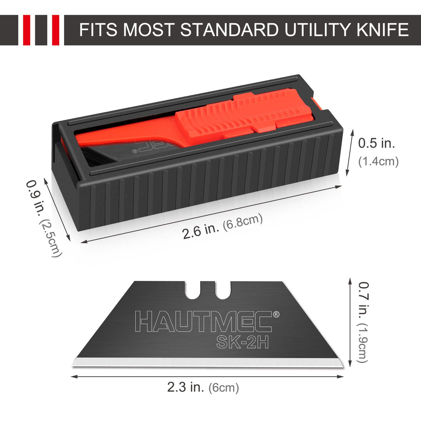 HAUTMEC 50-Pack Utility Knife Blades with a Safety Dispenser, Standard Replacement Blades for Heavy Duty Utility Knives and Box Cutters, Sharper SK2H Black Blades HT0265-5PCS