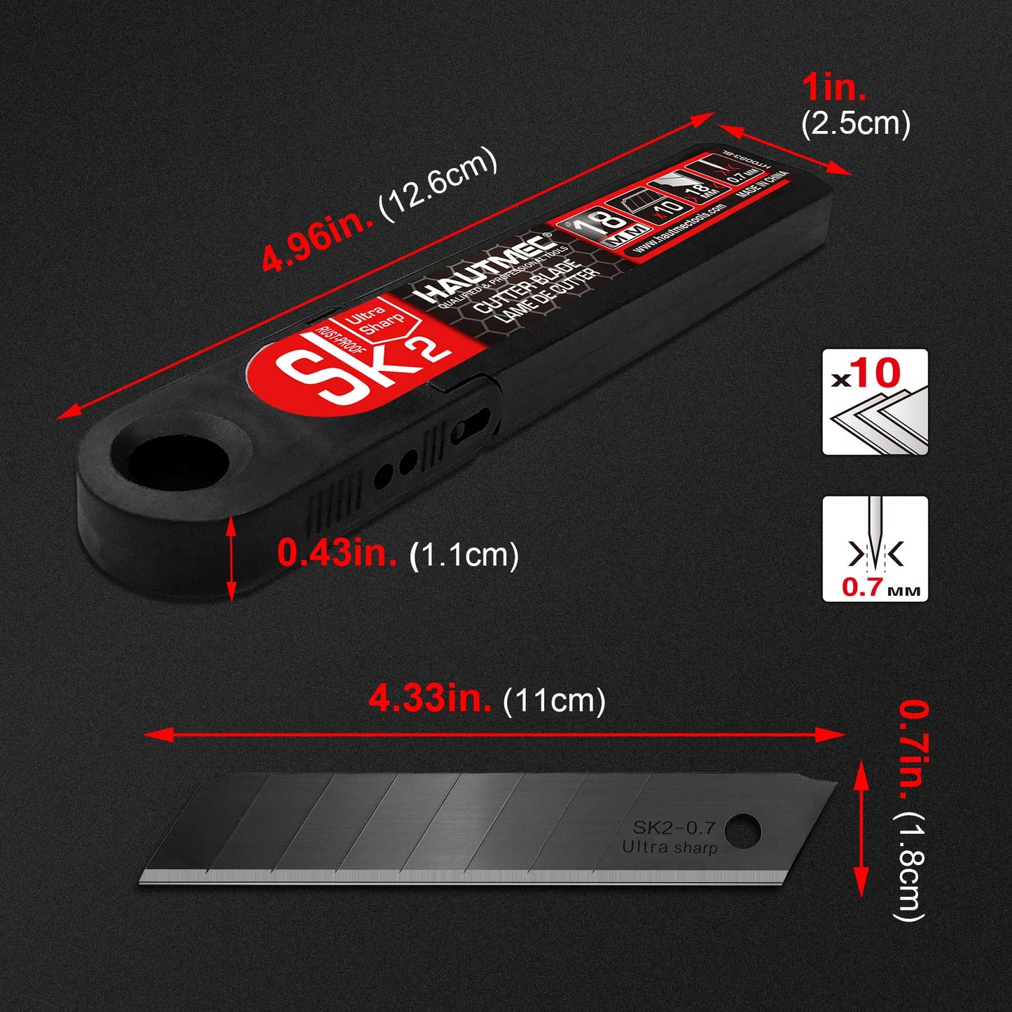 HAUTMEC 20PCS 18mm Triple Cutting-edge Snap Off Blades, Retractable Black Replacement Blades, SK2 Utility Knife Blades, Strengthened Safety Box, for Box, Carpet, Rope HT0083-20PC