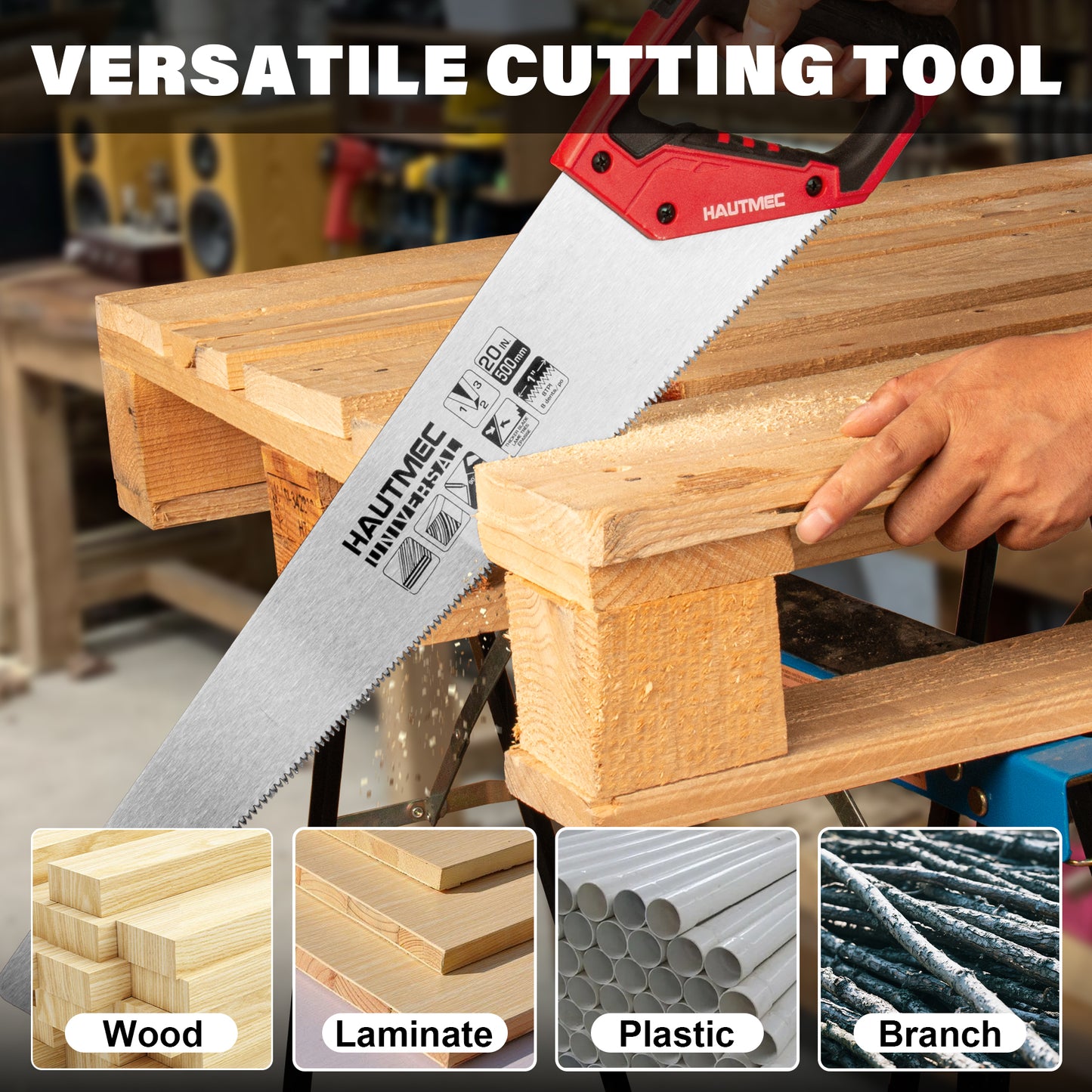 HAUTMEC 20 in. Pro Hand Saw, 8 TPI/9 PPI Universal-Cut Soft-Grip Hardpoint Handsaw HT0025-SA