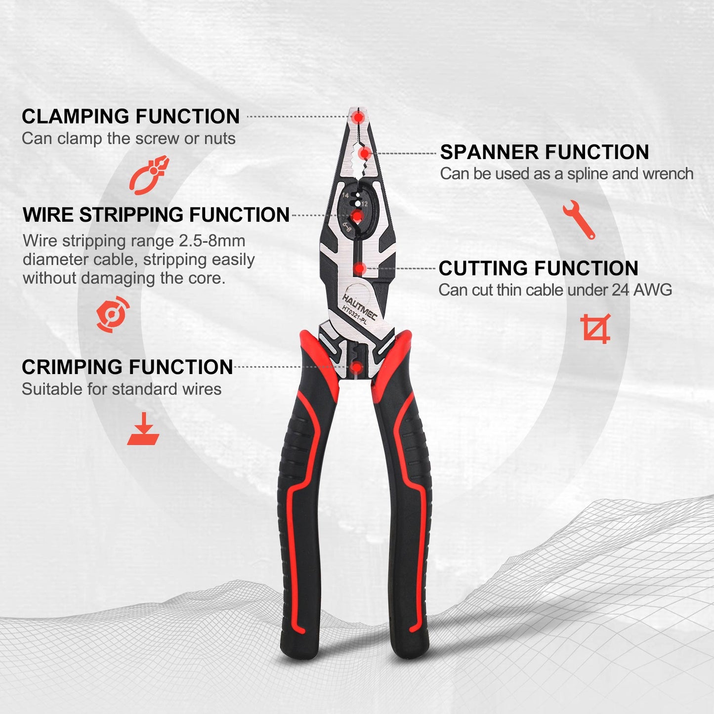 HAUTMEC Pro 8" Multifunctional Combination Linesman Plier with Cable Cutter, Wire Stripper, Terminal Crimping, Tool Clamping and Spanner, High leverage of Eccentric Design HT0321