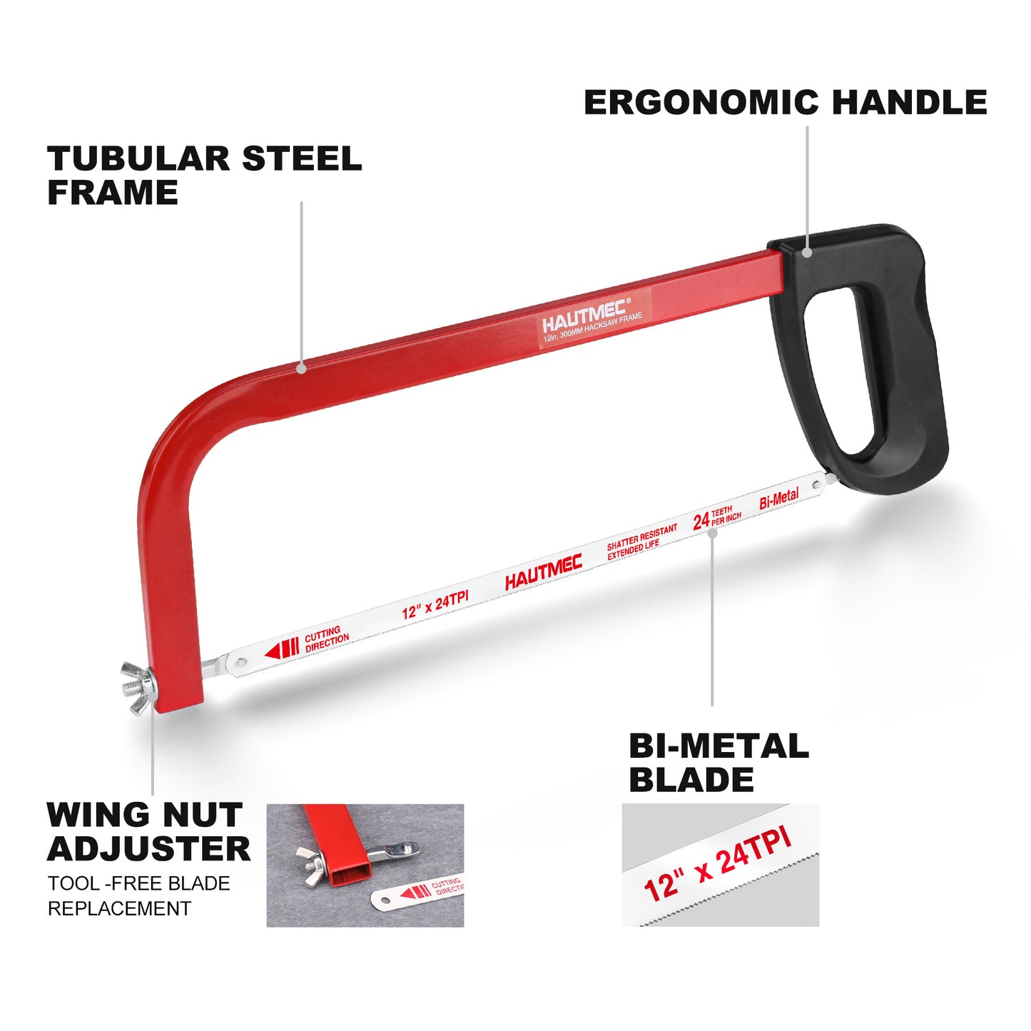 HAUTMEC 12 IN. High Tension Hacksaw Frame with 1 PCS 24 TPI Bi-Metal Blade, Hack Saw For Metal, Wood, Steel Pipe, PVC Cutting, HT0398