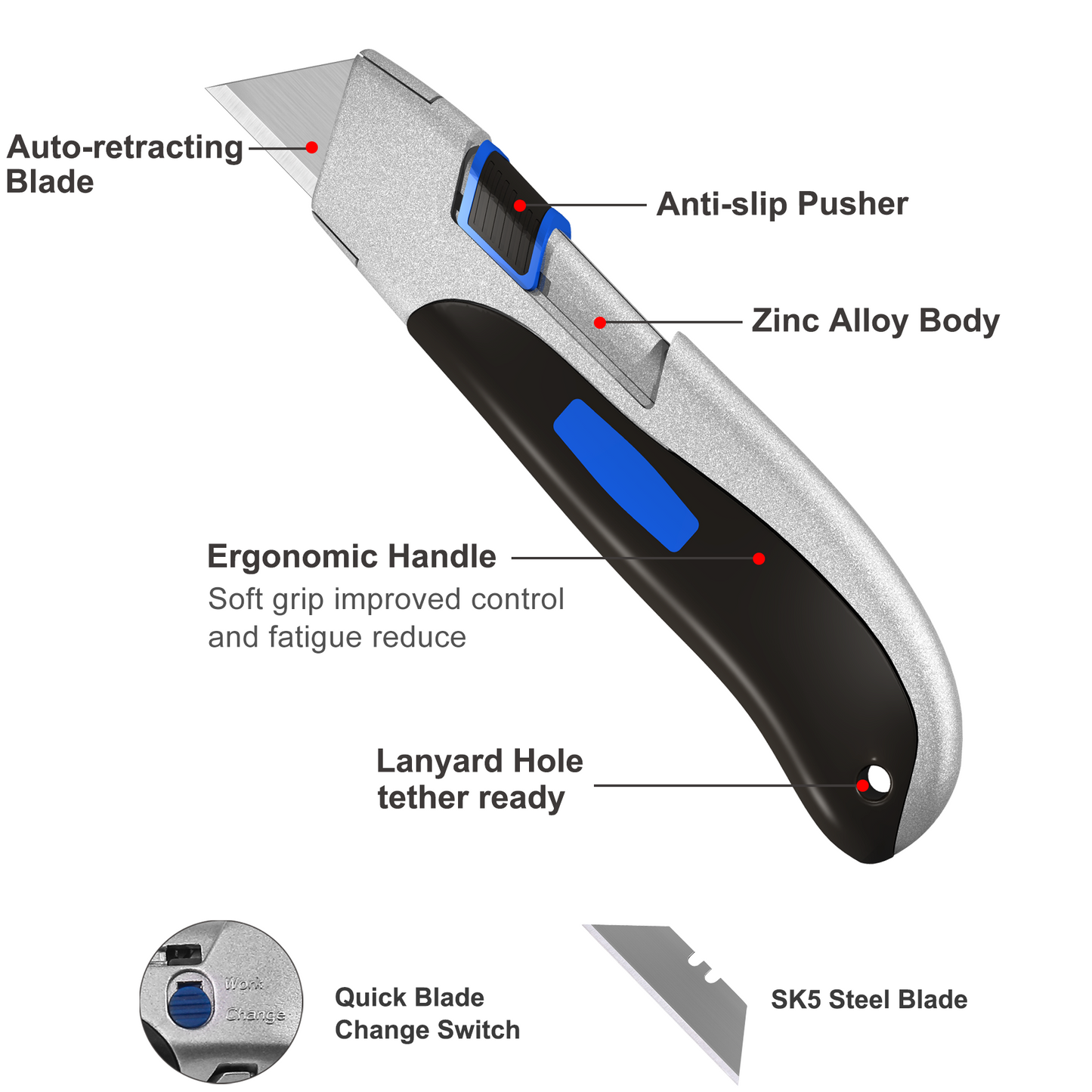 HAUTMEC Utility Knife Double Self Retraction Mechnism with Retractable Blade Heavy Duty Box Cutter with Zinc Alloy Body,Tool-free Blade Change,Premium High Safety HT0351-KN…