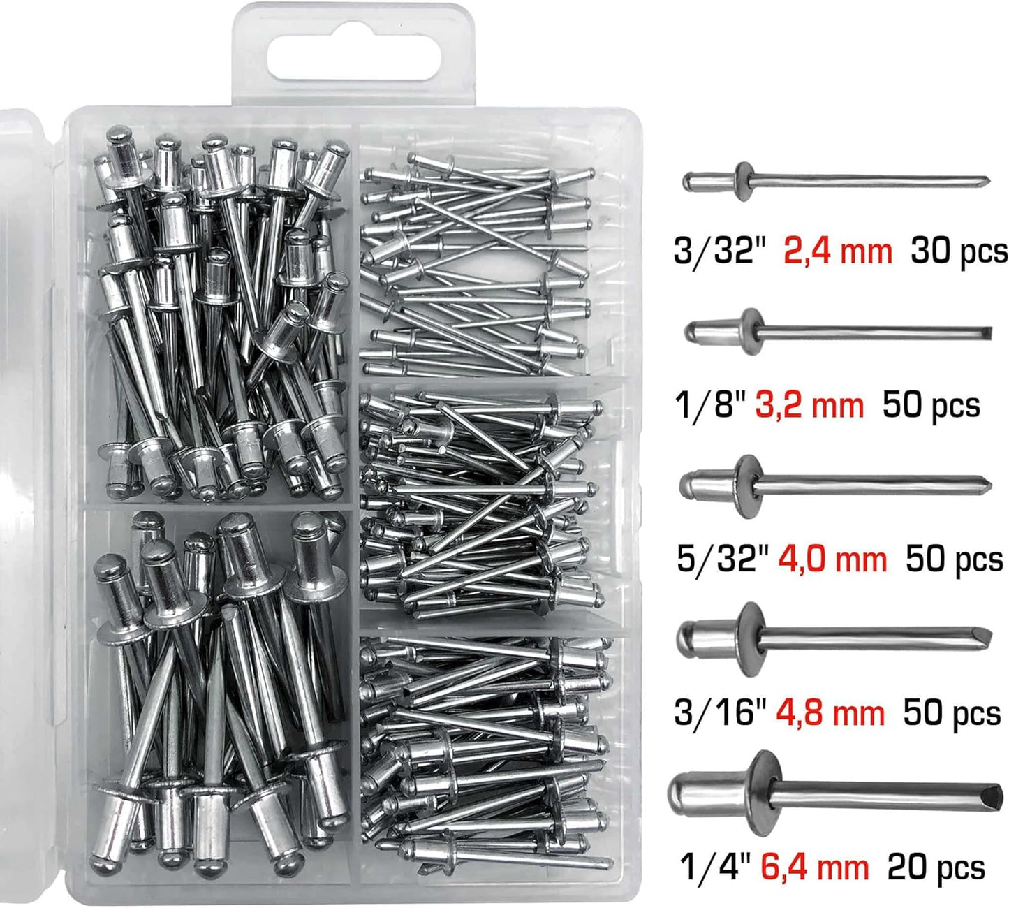 HAUTMEC 200Pc. 5 Sizes Open End Aluminum Pop Rivets Assortment for Household Electrical appliances, Lighting Tools, Steel Furniture etc HT0201-AR
