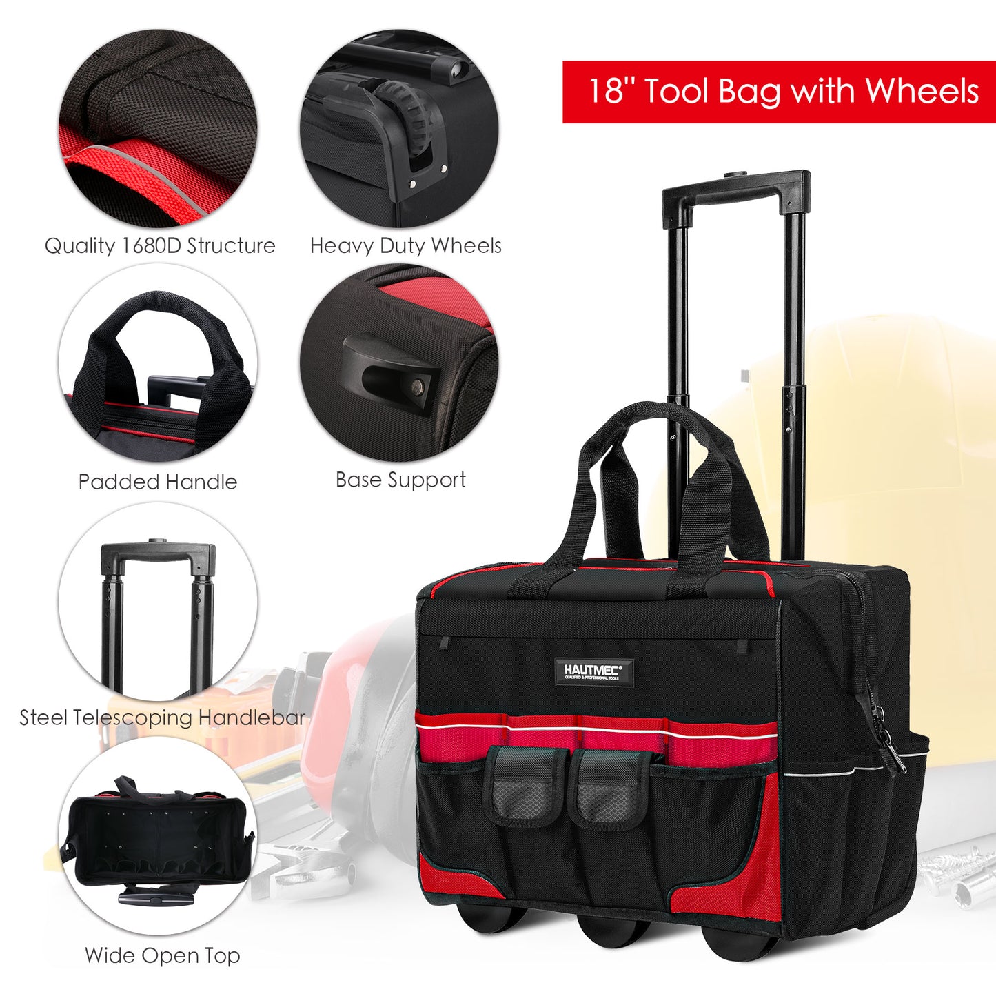 HAUTMEC 3PCS Tool Organizer Set, 18” Waterproof Tool Bag with Wheels,15” Electrician Tool Tote and 12” Wide Mouth Tool Bag 1680D Professional Heavy Duty and Portable Rolling Tool Bag HT0287-TB
